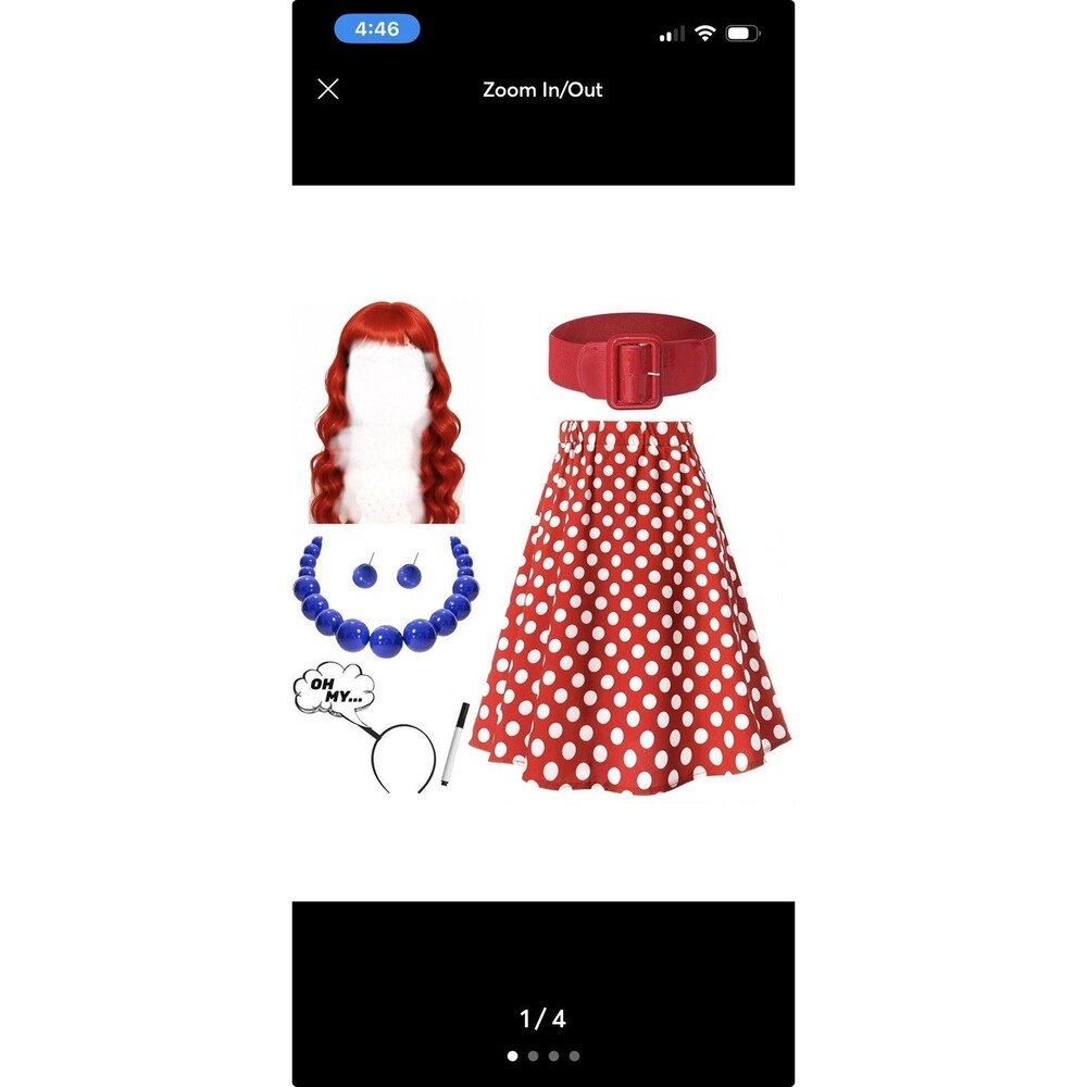 Women's  Red Polka Dot skirt 6pc Costume NEW Adult Large, wig, necklace, belt